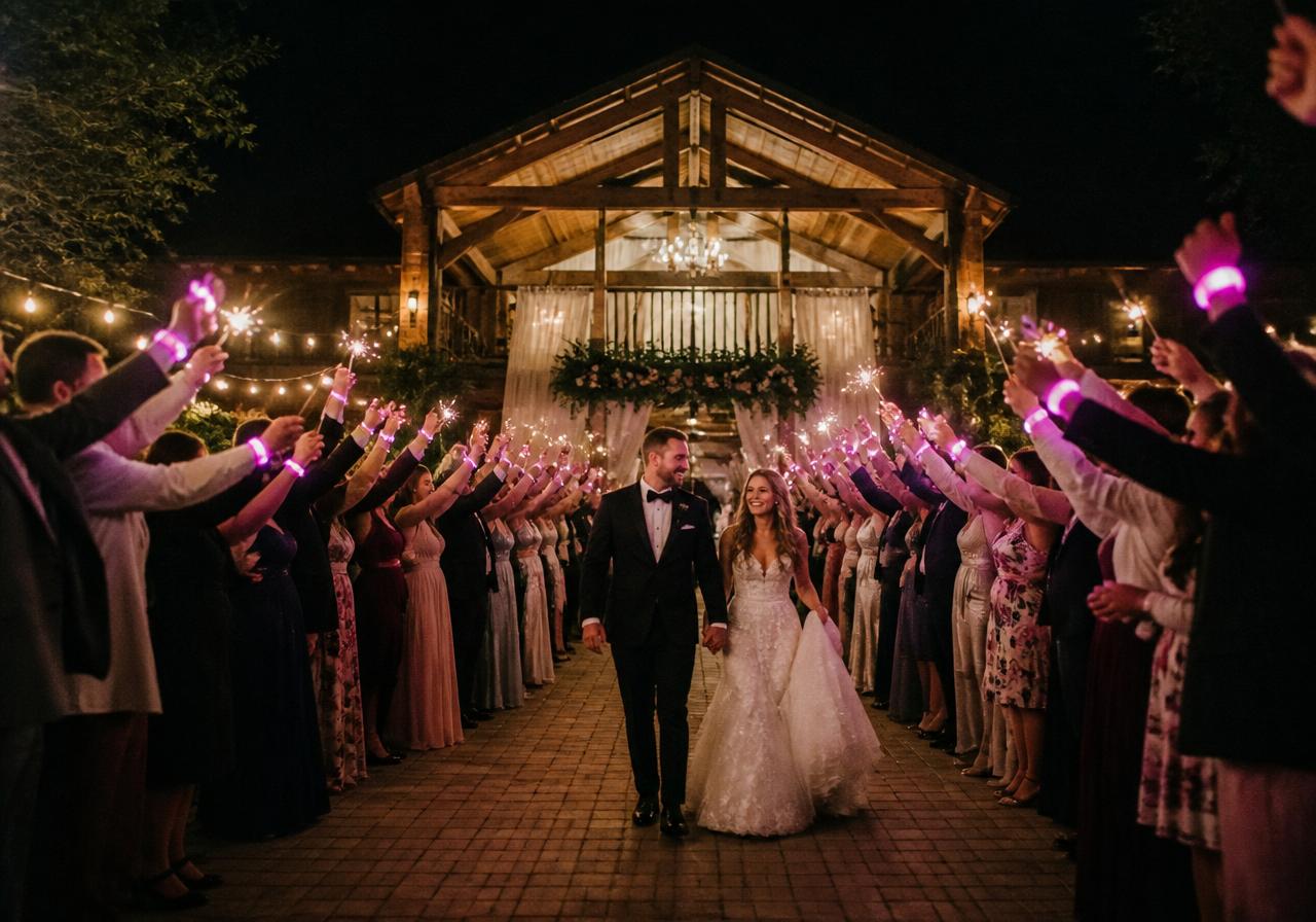 Bride and groom walking through a sparkler send-off tunnel with guests wearing glowing light wristbands